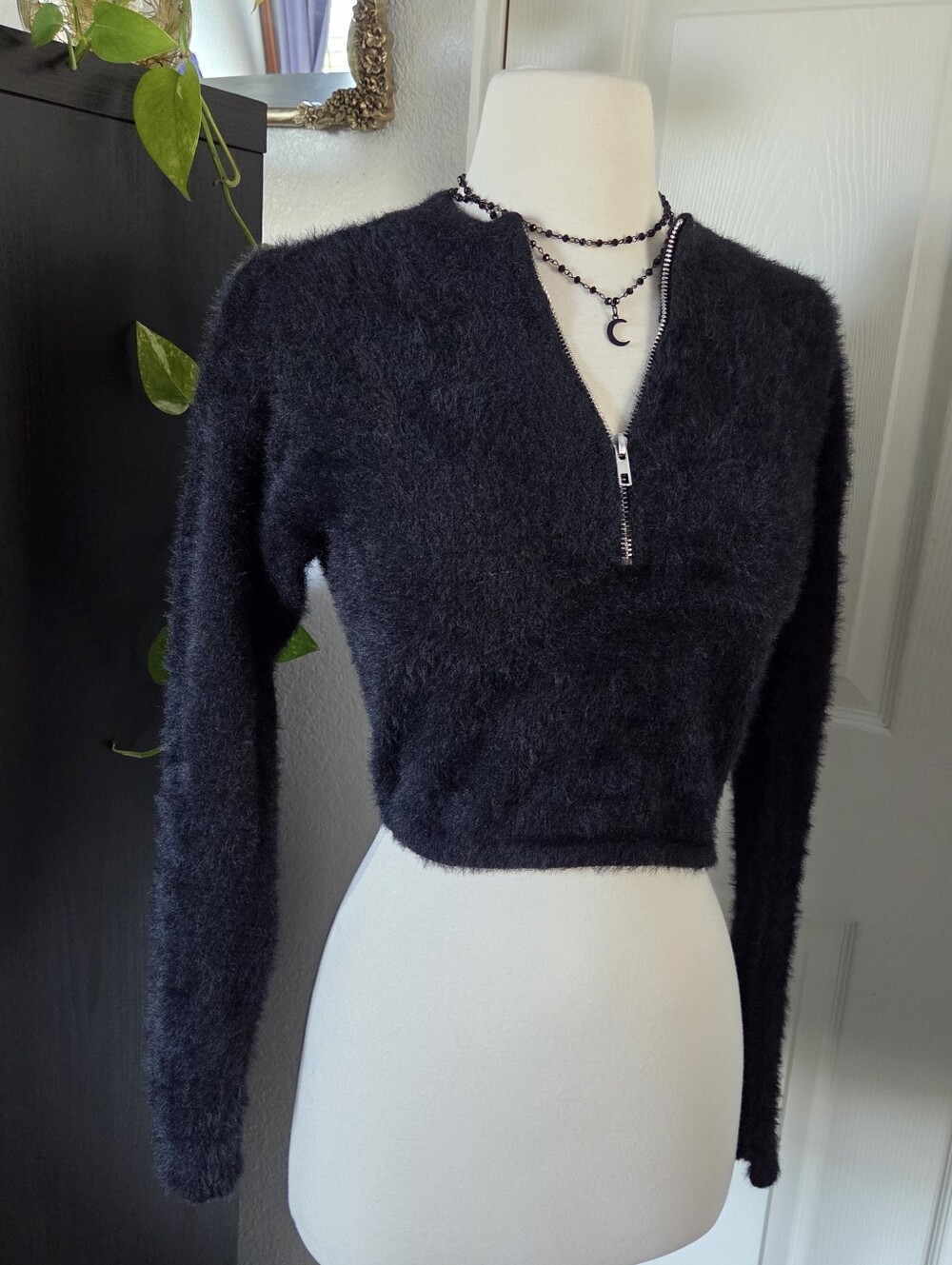 Princess Polly black fuzzy long sleeve crop top silver zipper